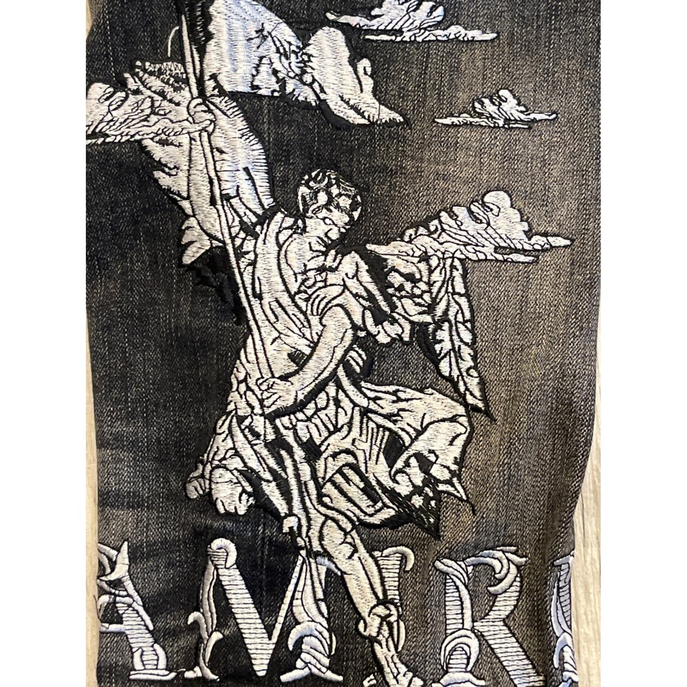 Amiri‎ Mens Black Denim Angel Embroidered Slim Fit Jeans Size 28